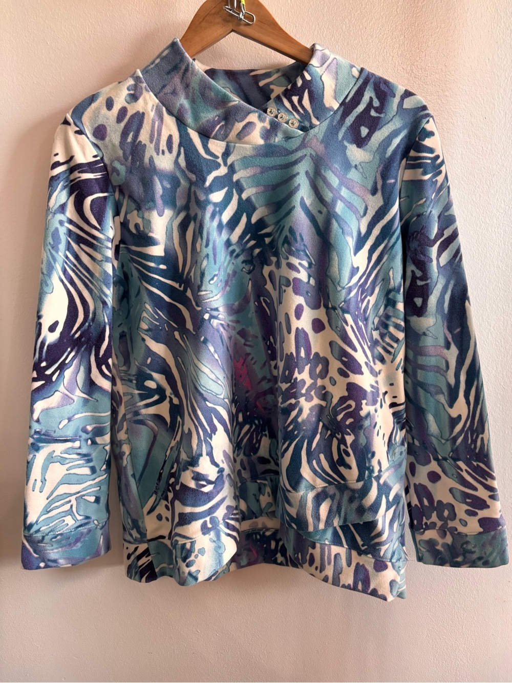 Chico's Blue and White Abstract Cowl Neck Sweater